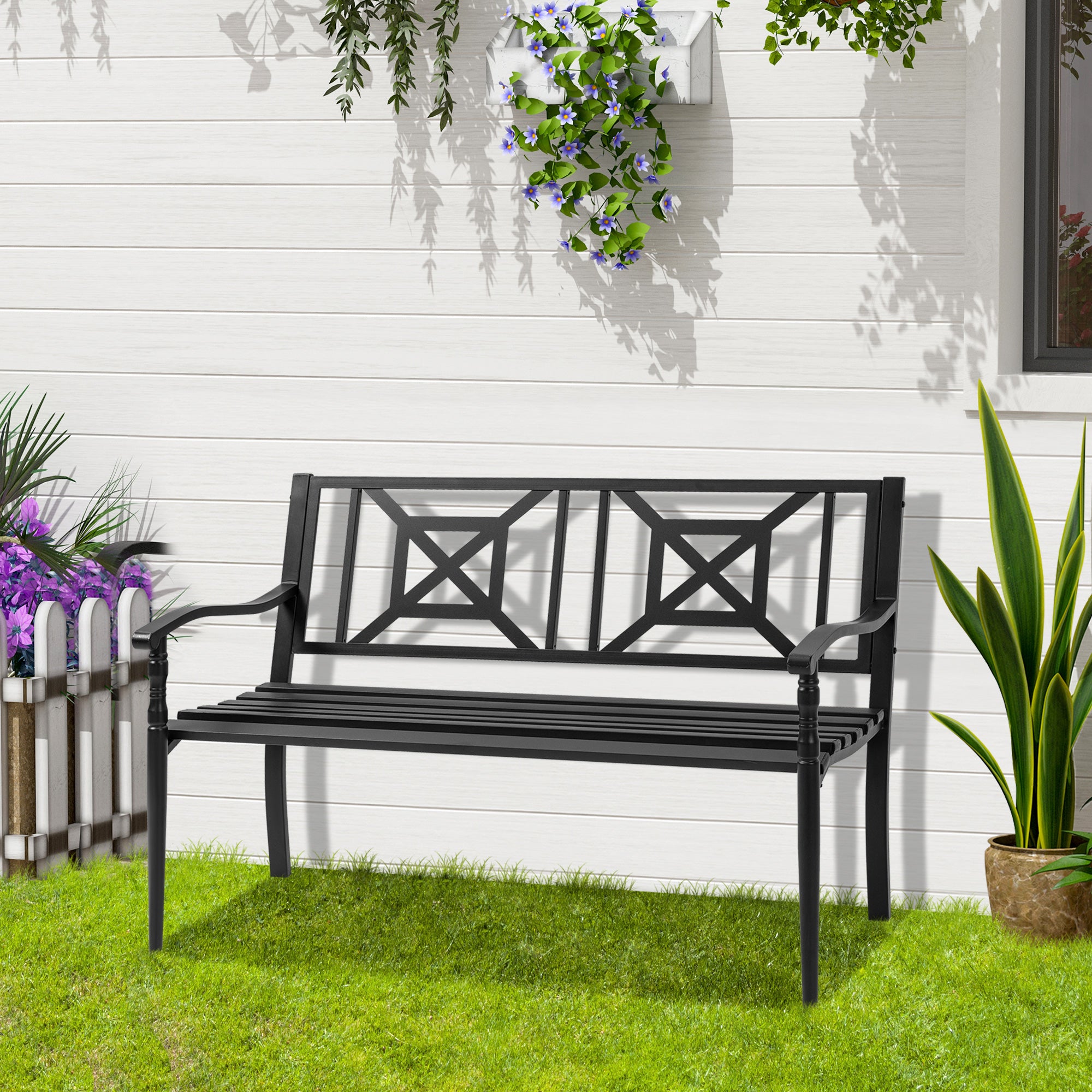 Steel Garden Bench for Outdoor, 2-person Patio Bench, Loveseat Furniture for Lawn, Deck, Yard, Porch, Entryway, Black Outdoor Benches   at Gallery Canada