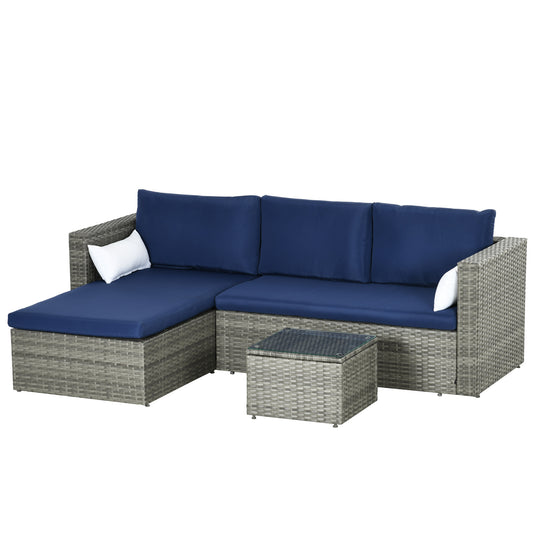 3pcs Modern Rattan Sofa Set, Wicker Patio Furniture Set with Coffee Table, Cushions, Pillows Patio Furniture Sets Navy Blue  at Gallery Canada