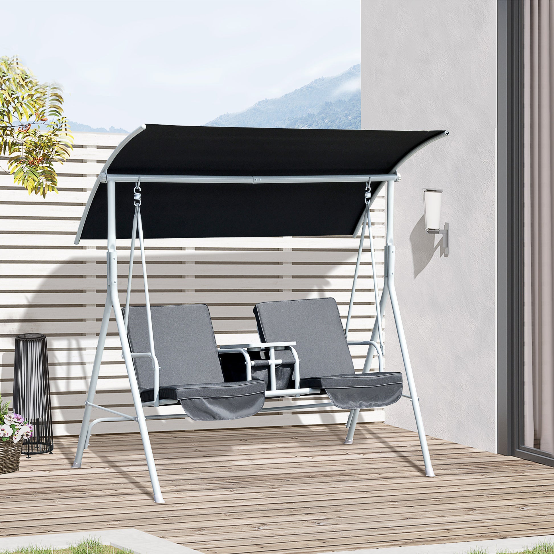 Double Outdoor Swing Chair 2 Person Covered Swing Porch Swing w/ Pivot Table and Storage Console, Black Patio Swings with Stand   at Gallery Canada