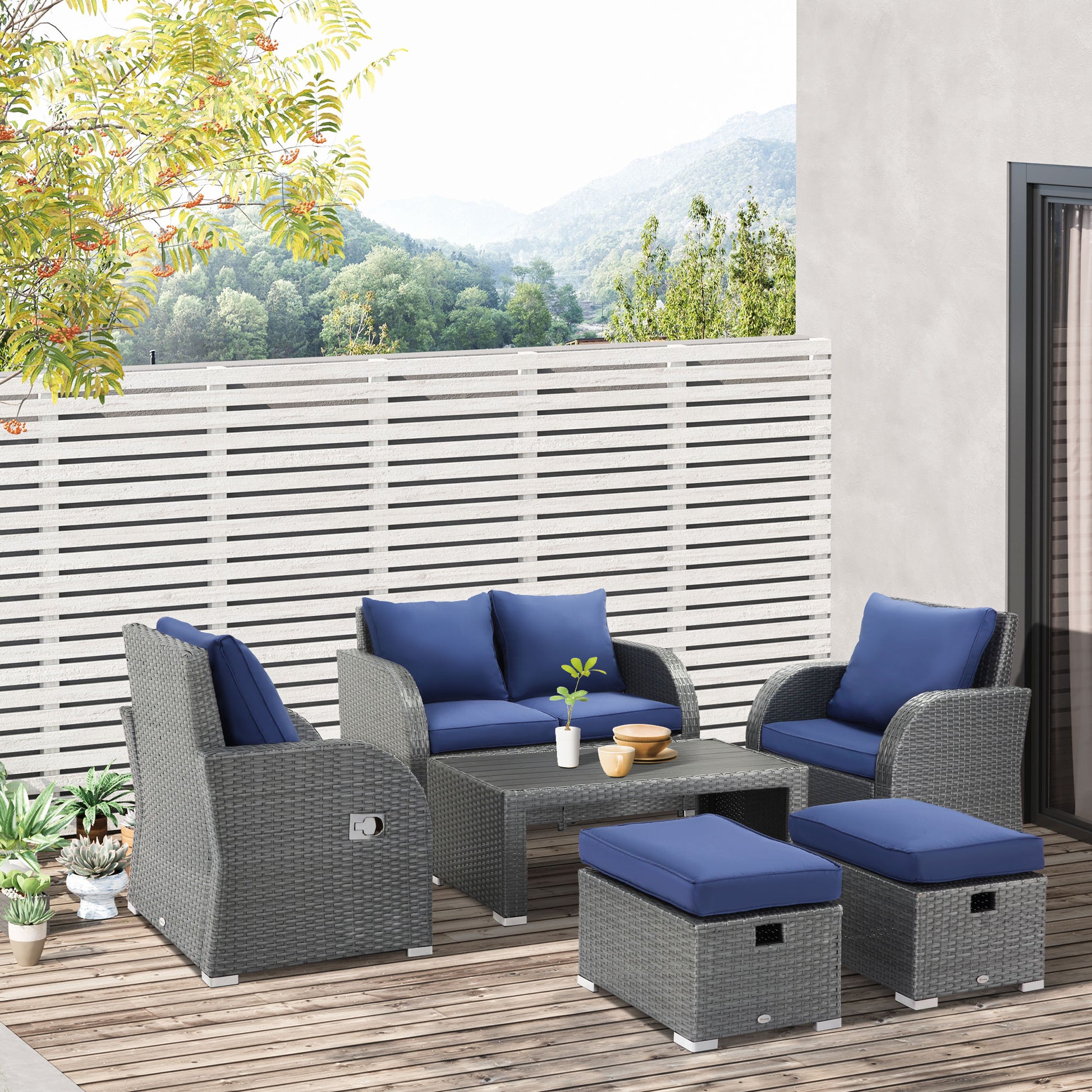 6-PCs Outdoor Rattan Wicker Sofa Set Angle Adjustable Recline Single Chair, w/ Gas Spring &; Soft Washable Cushions, Dark Blue Patio Furniture Sets   at Gallery Canada