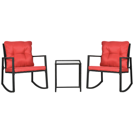 3 Pieces Rocking Bistro Set, Outdoor Wicker Patio Furniture with Glass Coffee Table and Outside Rocking Chairs for Porch, Conversation Sets with Thick Cushions, Red - Gallery Canada