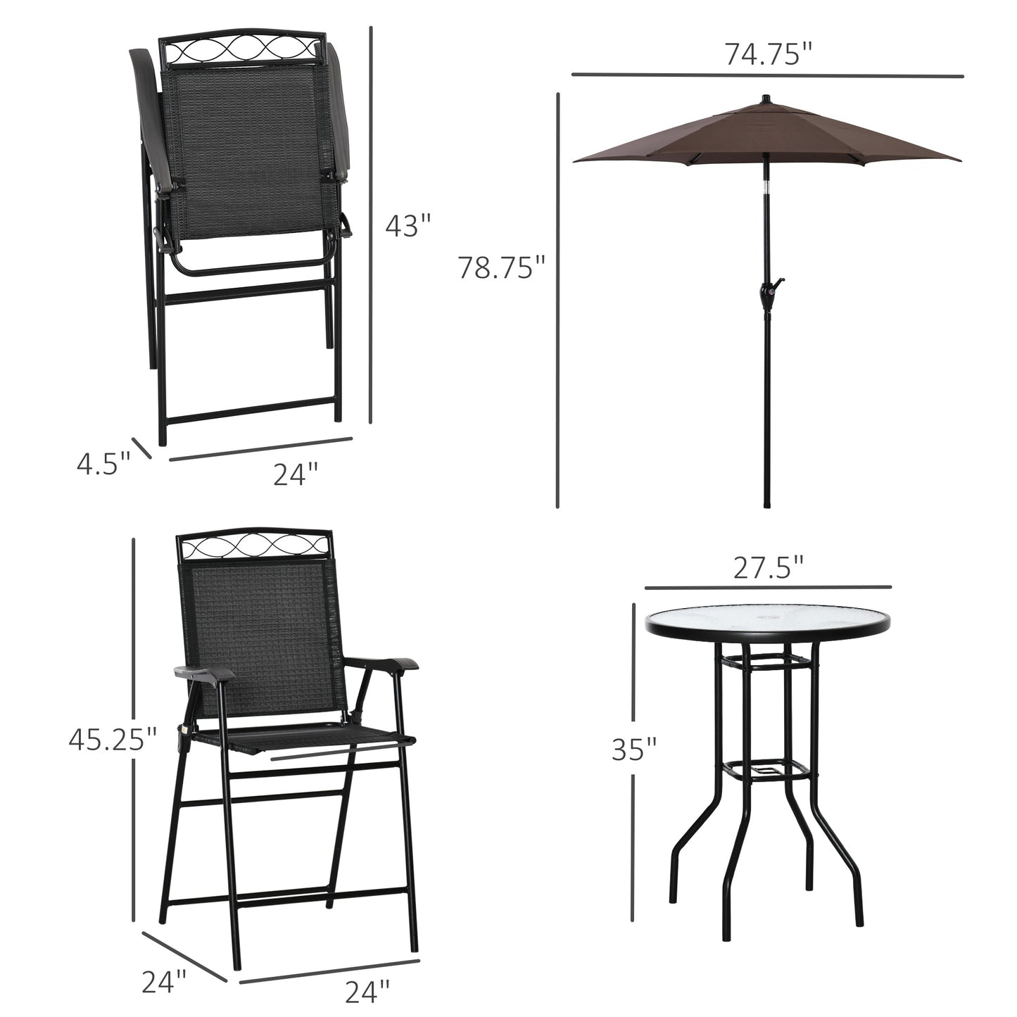 4 Piece Patio Bar Set, Sling Folding Outdoor Furniture with Brown Umbrella for Poolside, Backyard and Garden, Black Bistro Sets   at Gallery Canada