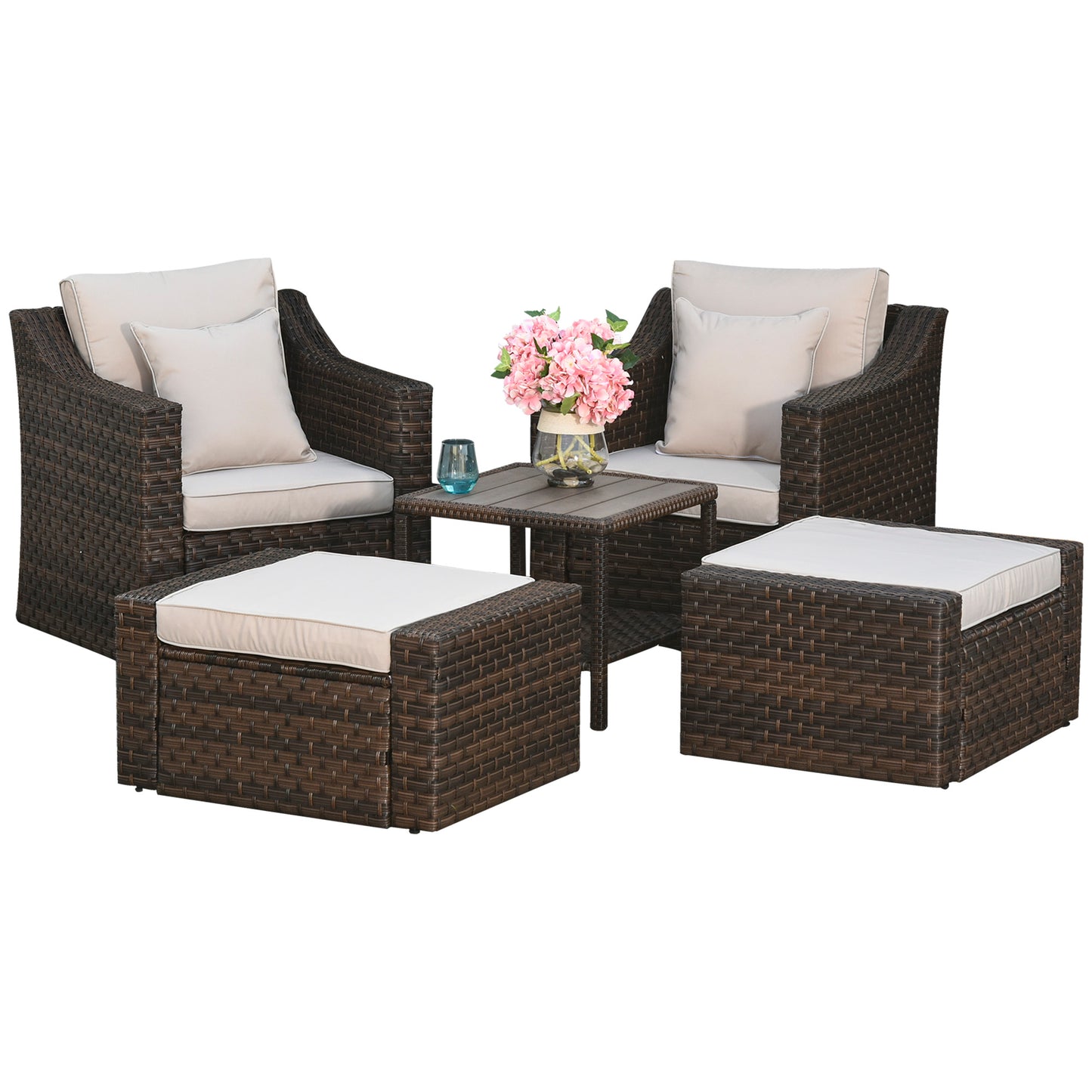 Outdoor Rattan Wicker 5-Piece Patio Set with Cushions and Coffee Table, Beige Patio Furniture Sets Beige  at Gallery Canada