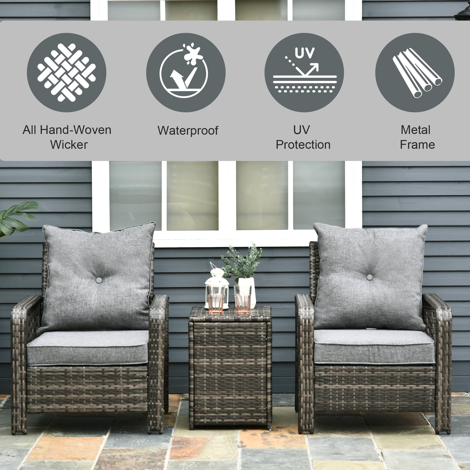 3 Pieces Patio Bistro Set, PE Rattan Garden Sofa Set with 2 Padded Chairs 1 Storage Table, Grey Bistro Sets   at Gallery Canada