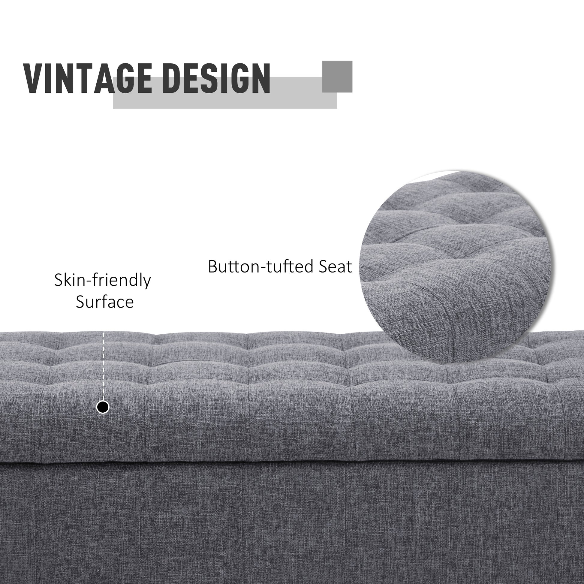 Storage Ottoman, Linen Fabric End of Bed Bench with Soft Close Lid, Button Tufted Storage Bench for Living Room, Entryway or Bedroom, Grey Storage Ottomans & Benches   at Gallery Canada