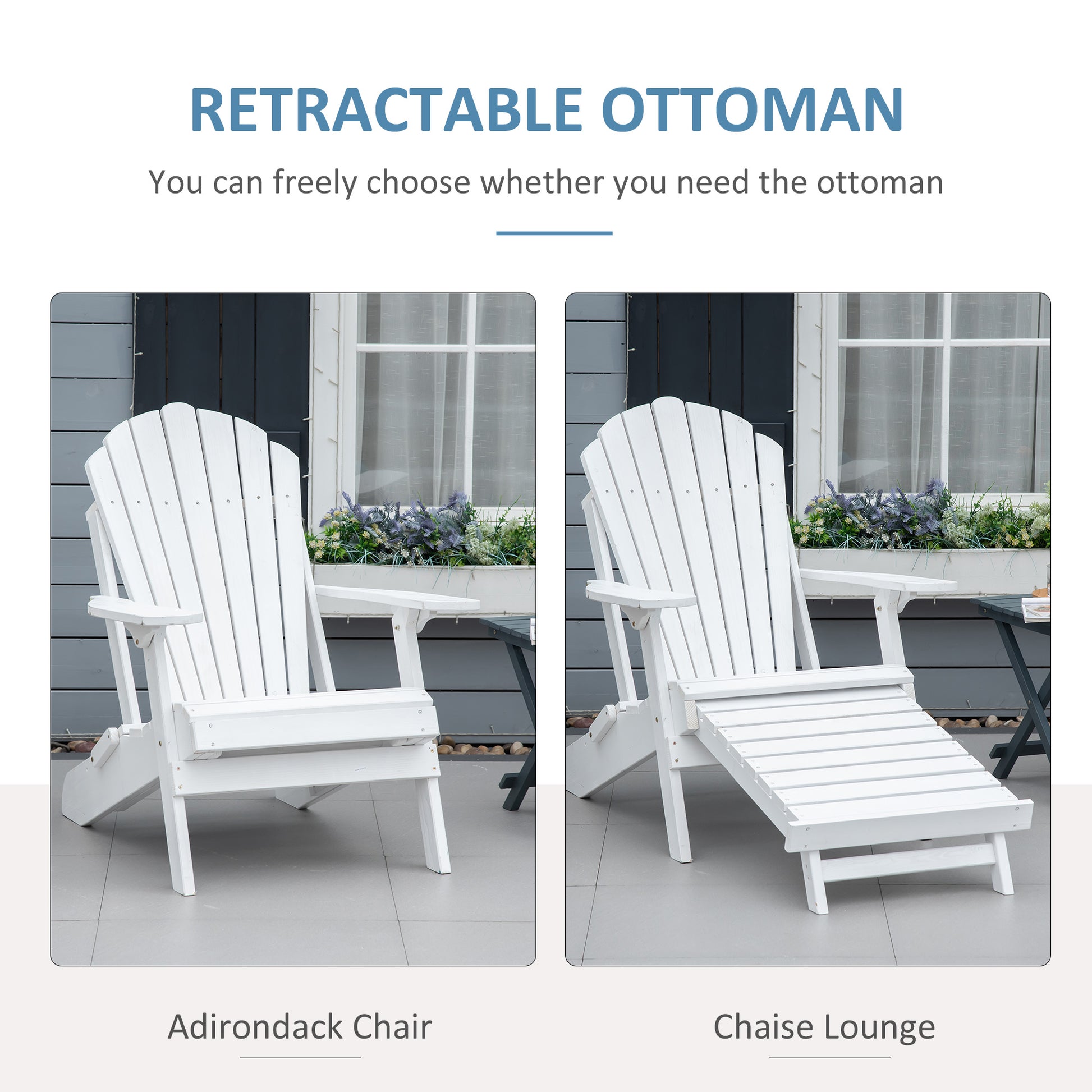 Adirondack Outdoor Patio, Porch, Poolside, Garden, Foldable Lounger Wooden Chair with Ottoman, White Patio Chairs   at Gallery Canada