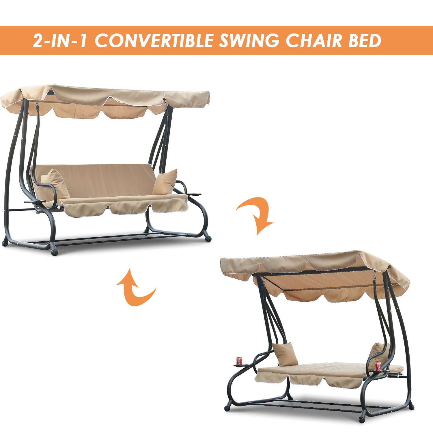 3-Seat Outdoor Patio Swing Chair, Converting Flat Bed, Canopy Swing with Adjustable Shade, Removable Cushions, Cup Holder, Light Brown Porch Swings with Canopy   at Gallery Canada