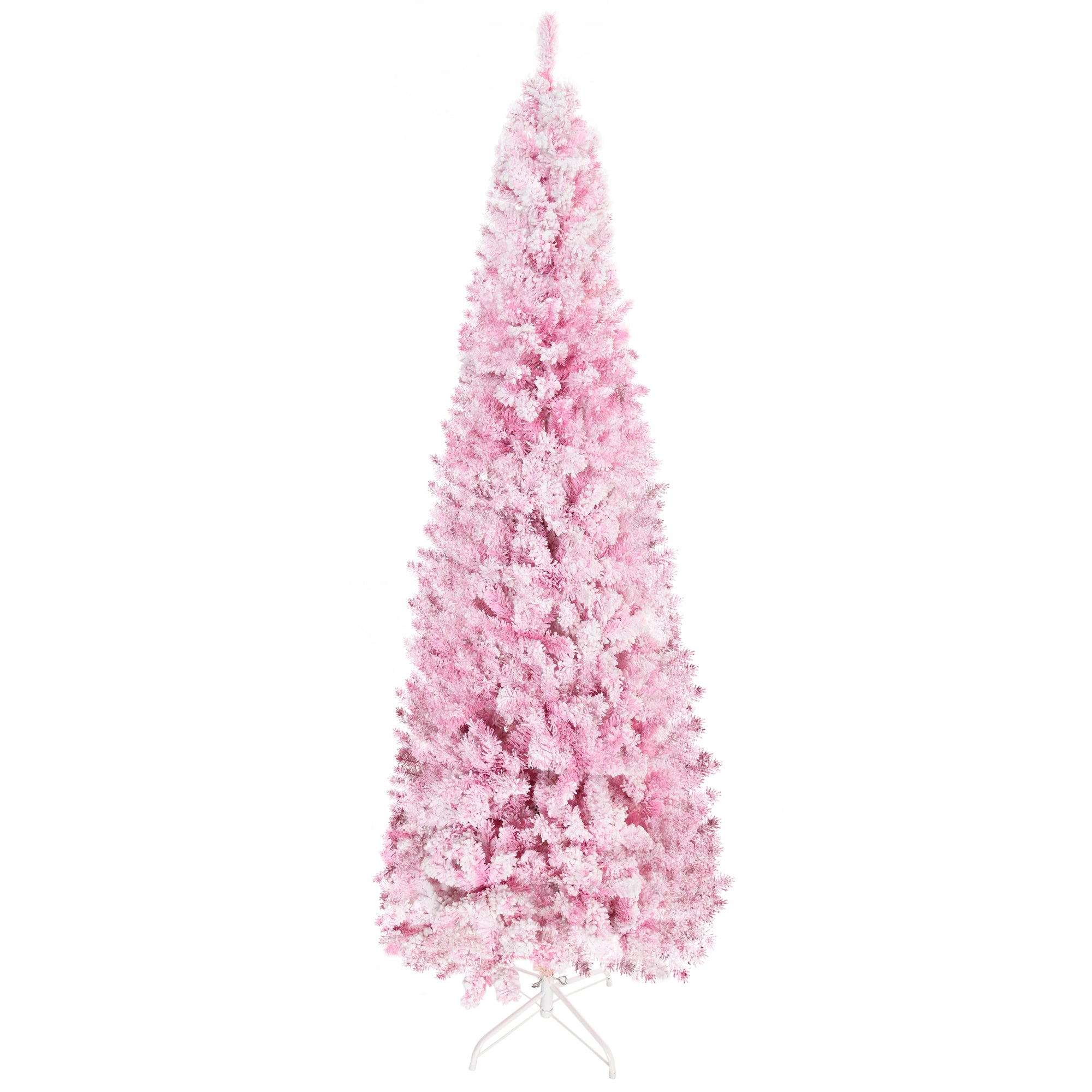 7.5 FT Snow Flocked Artificial Christmas Tree, Pencil Xmas Tree with Realistic Branches, Auto Open and Steel Base, Pink Pencil Christmas Trees Multi Colour  at Gallery Canada