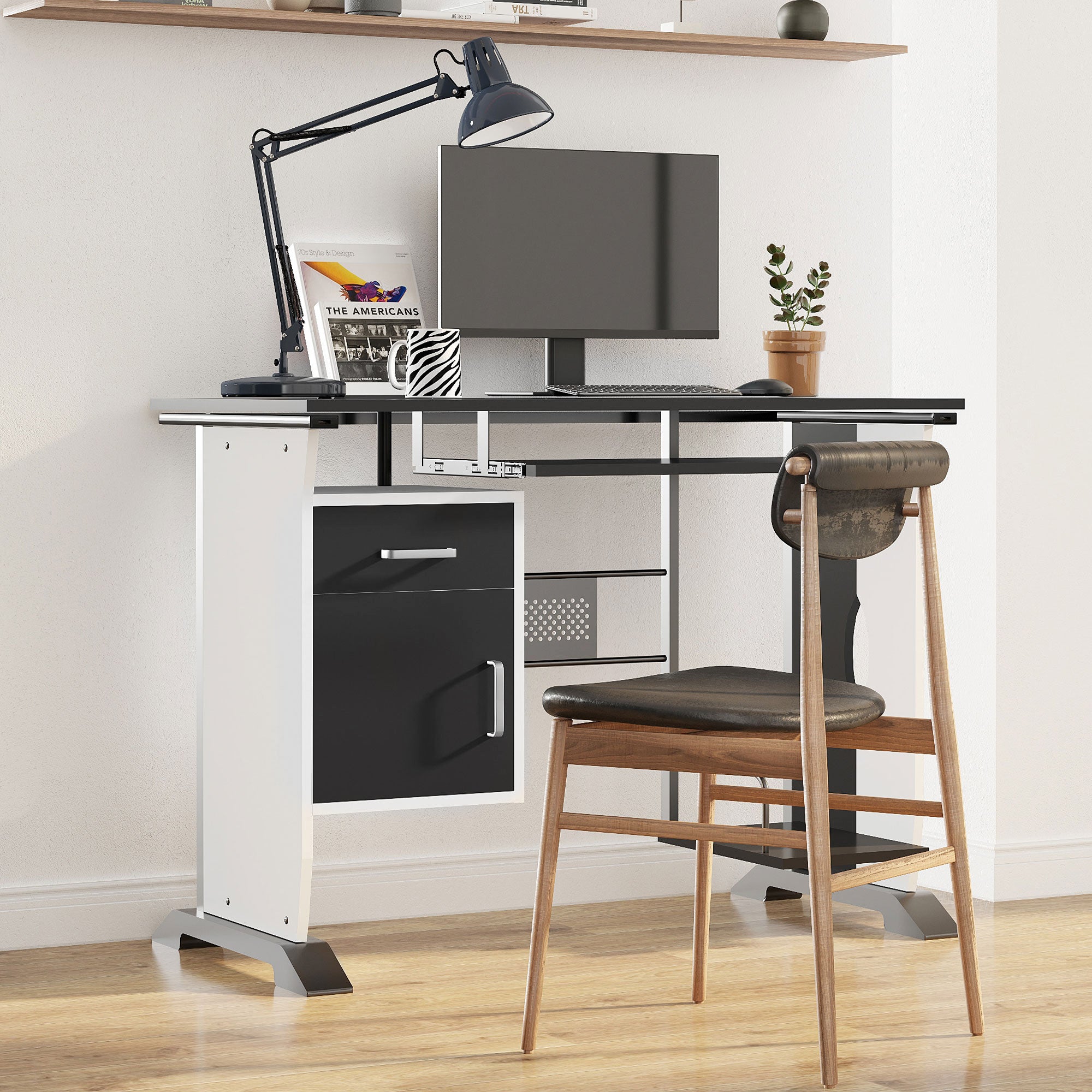 Computer Desk Table Home Office Furniture with Keyboard Tray and CPU Stand, Black and White Computer Desks   at Gallery Canada