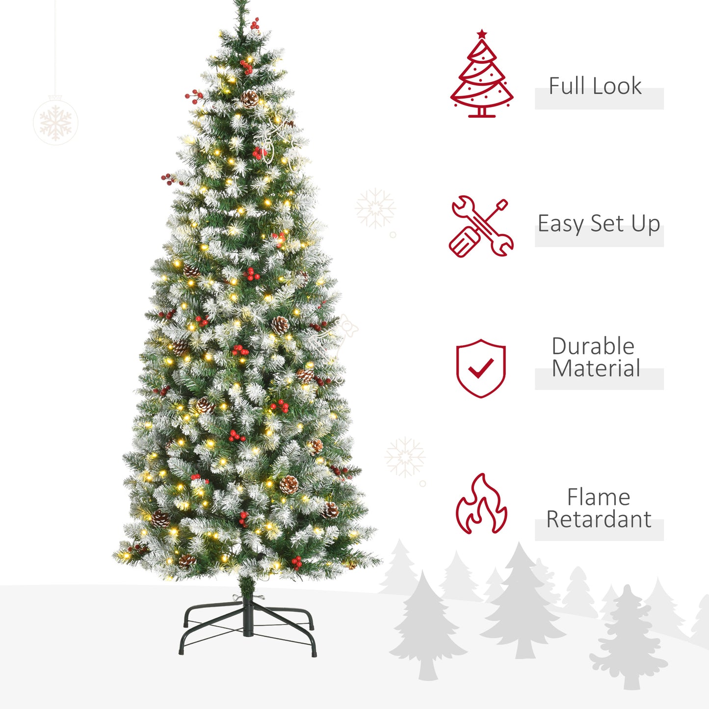 6 ft Snow-Dipped Pencil Christmas Tree Pre-Lit Holiday Decoration with LED Lights Pine Cones Red Berries Green Pencil Christmas Trees   at Gallery Canada