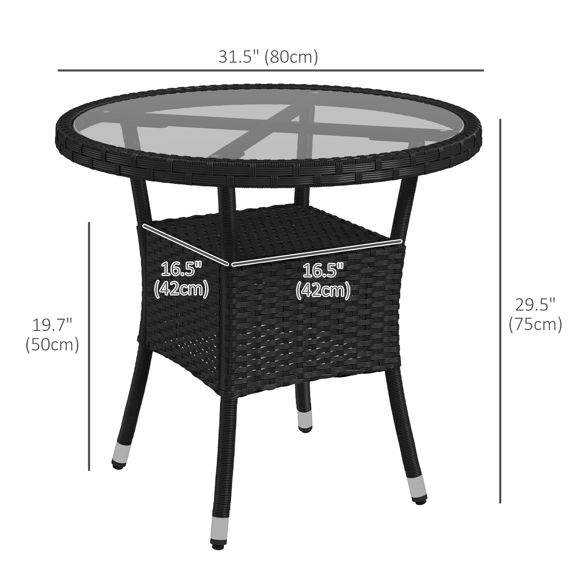 Φ31.5" Outdoor Wicker Dining Table, PE Rattan Patio Furniture with 2-Tier Storage Shelf, Metal Frame Round Garden Table with Glass Top Table, Black Patio Dinning Tables   at Gallery Canada