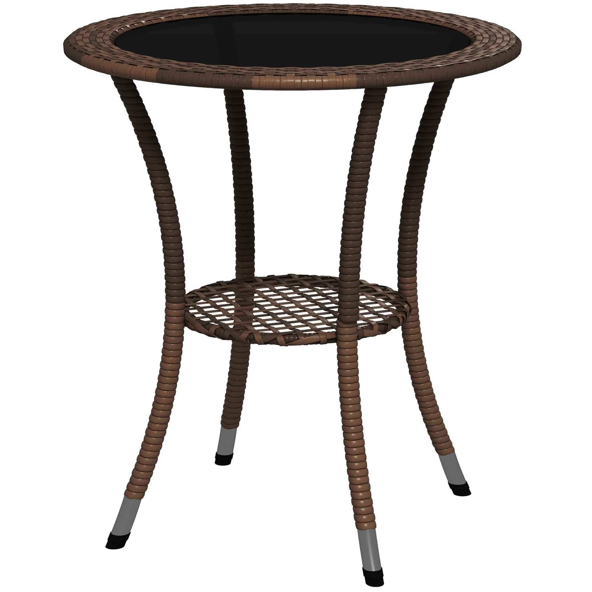 Φ25.2" Outdoor Wicker Dining Table, Rattan Patio Round Coffee Table with 2-Tier Storage Shelf, Metal Frame Side Table with Tempered Glass Top, Brown Patio Dinning Tables Multi Colour  at Gallery Canada