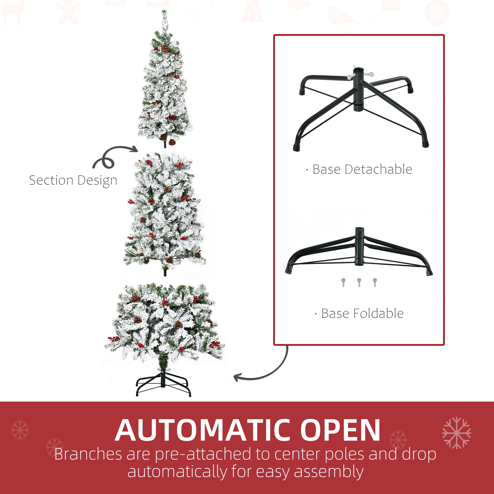 7.5 Foot Pencil Snow Flocked Artificial Christmas Tree with 950 Pine Realistic Branches, Pine Cones, Red Berries, Auto Open, Green Pencil Christmas Trees   at Gallery Canada