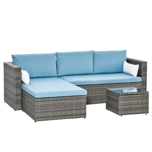 3-Piece Modern Outdoor Patio All-hand Woven Rattan Wicker Furniture Patio Coffee Table Sofa Set - Blue - Gallery Canada