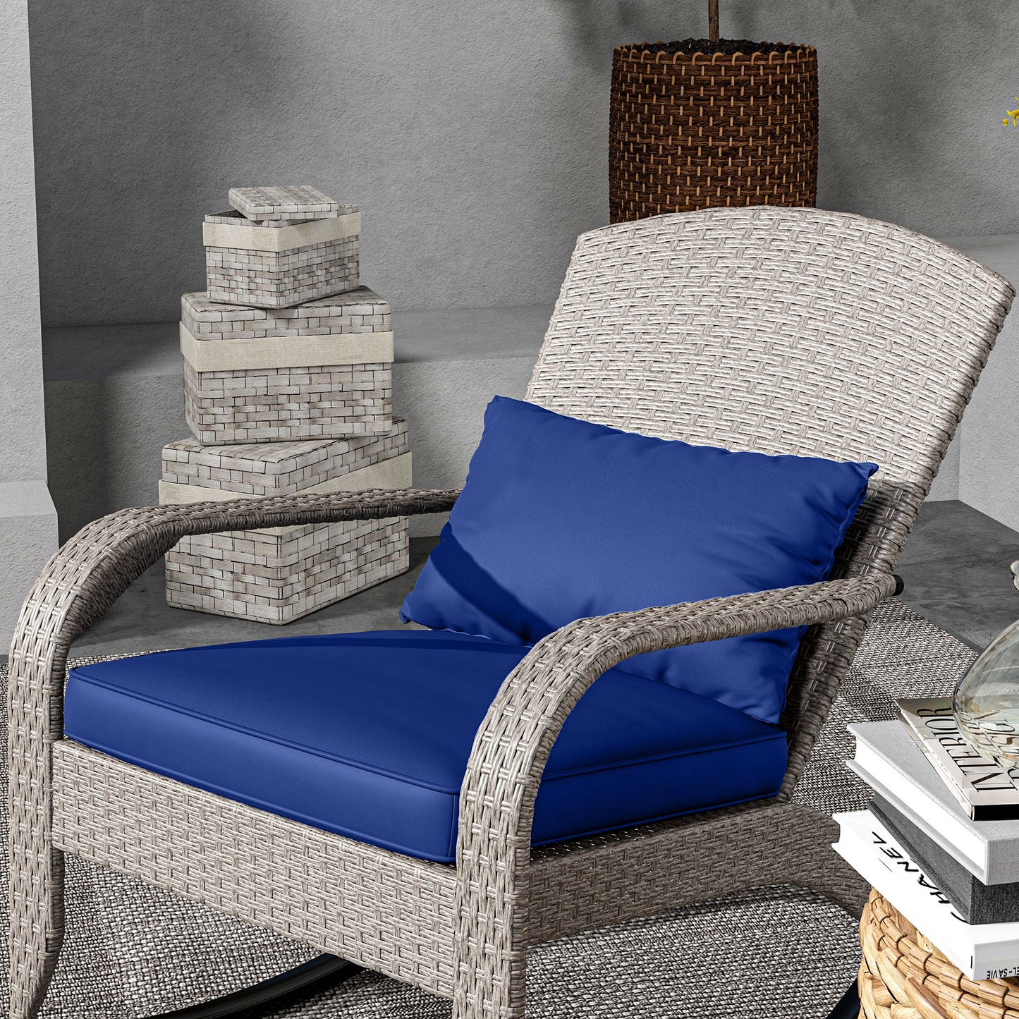 Adirondack Chair, Outdoor Wicker Rocking Chair with High Back, Seat Cushion and Pillow for Porch, Balcony, Dark Blue Patio Chairs   at Gallery Canada