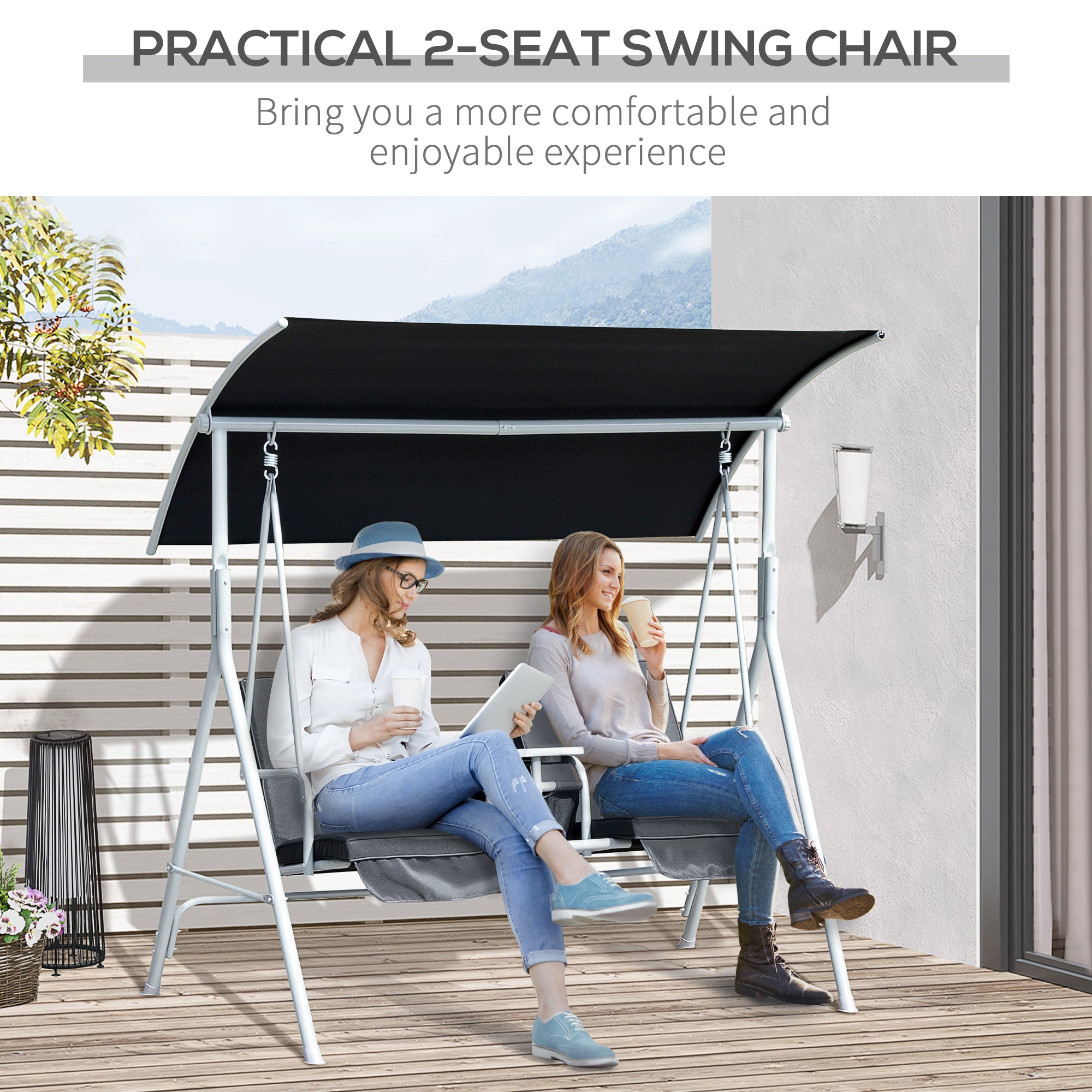 Double Outdoor Swing Chair 2 Person Covered Swing Porch Swing w/ Pivot Table and Storage Console, Black Patio Swings with Stand   at Gallery Canada