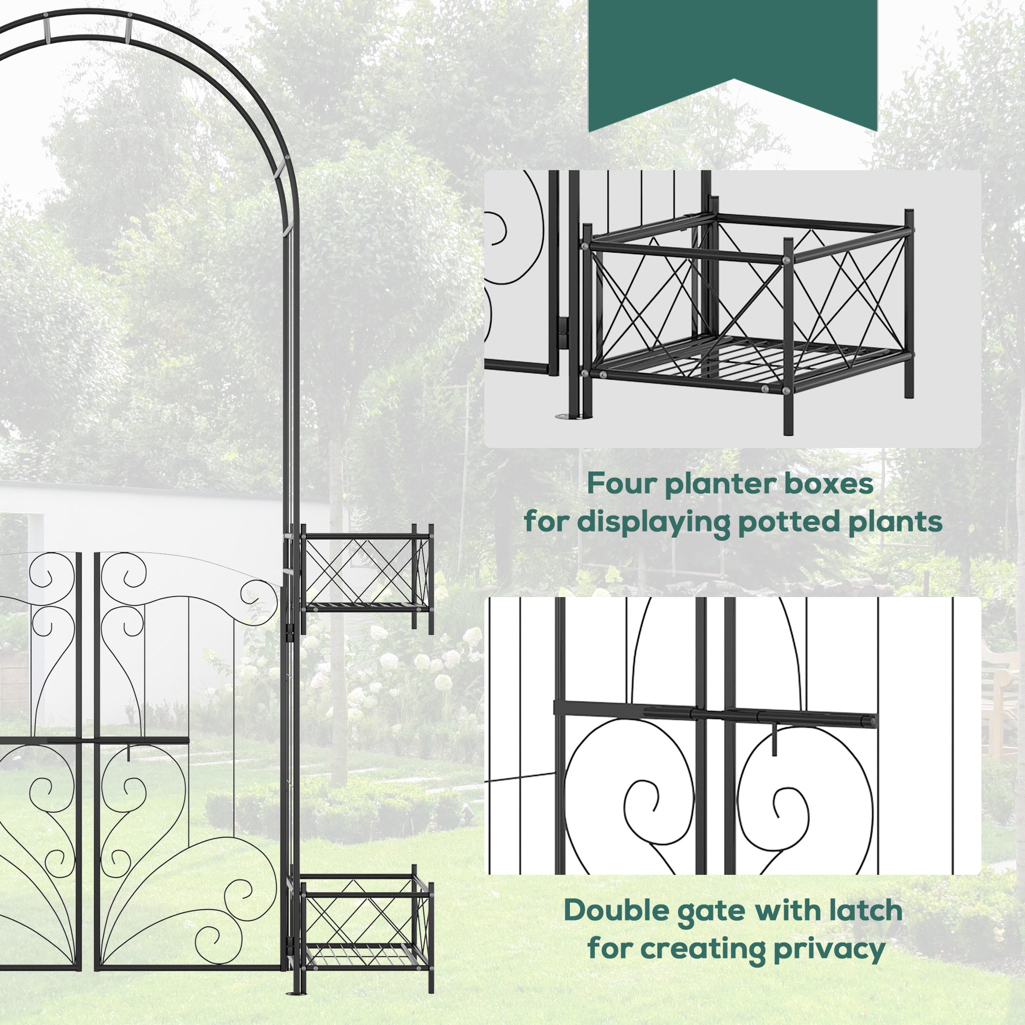 7.1FT Metal Garden Arch with Gate and 4 Planter Boxes, Garden Arbor Trellis for Climbing Plants, Outdoor Wedding, Decoration, Bridal Party, Black Garden Arches   at Gallery Canada