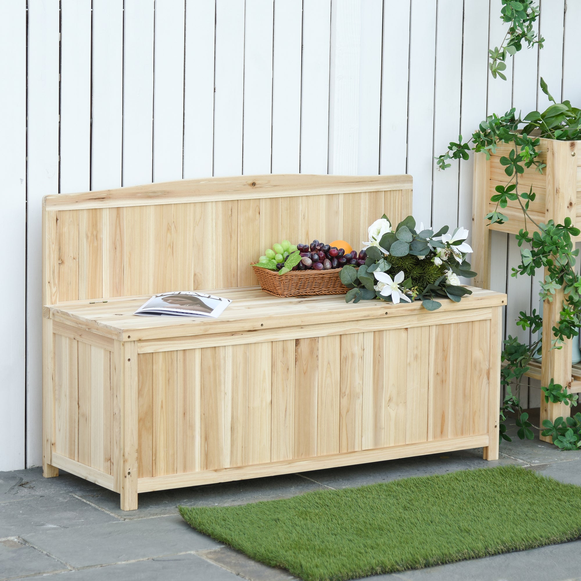 Wooden Outdoor Garden Bench with Storage Box, Outdoor Patio Seating, 45.3