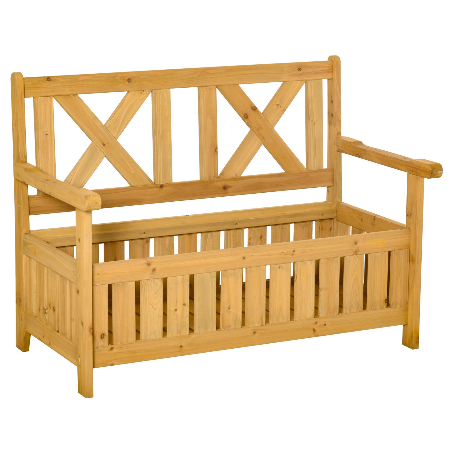 Wooden Outdoor Storage Bench 2-Person Patio Bench with Louvered Side Panels and X-Shape Back for Garden, Patio, Yellow Patio Chairs   at Gallery Canada