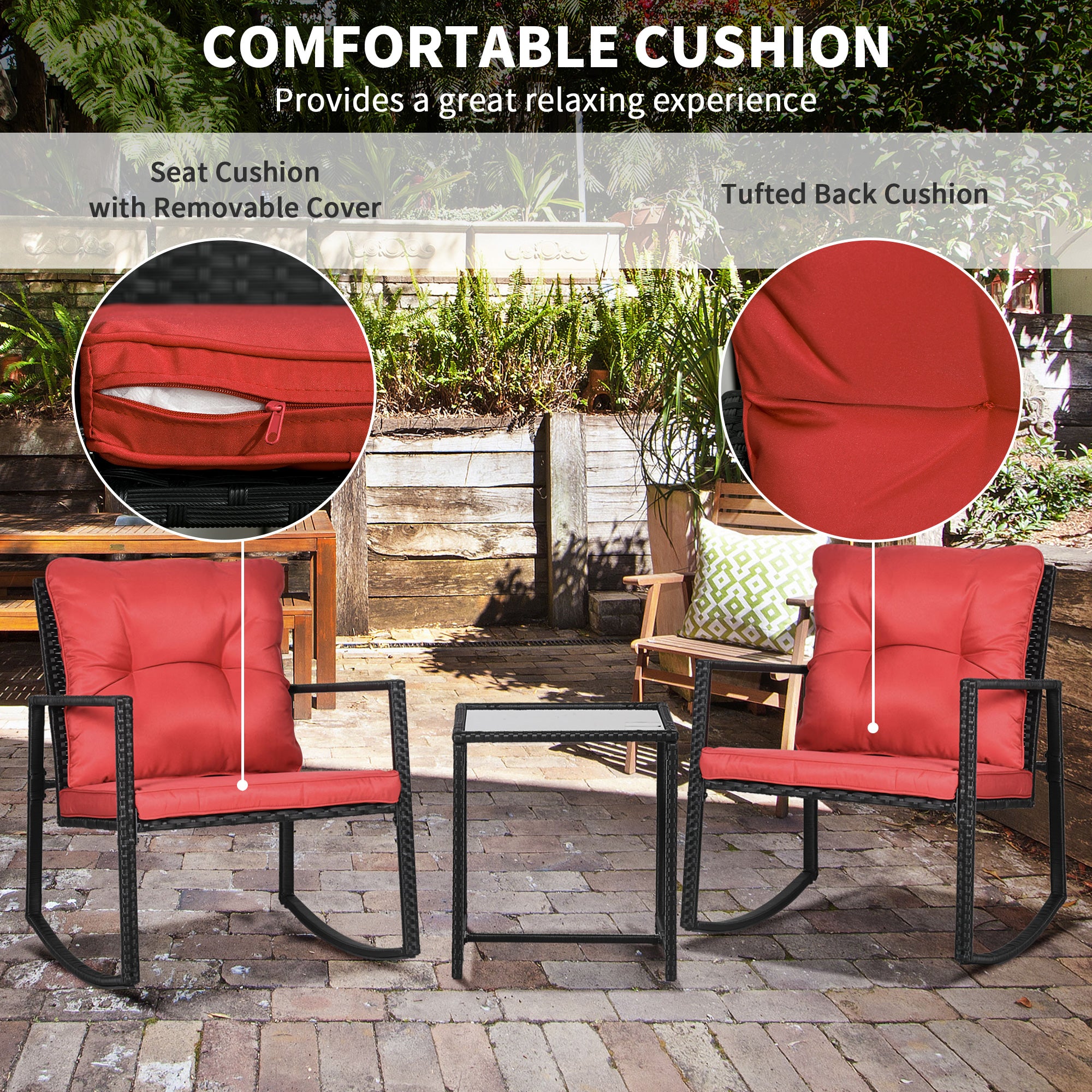 Outdoor Wicker Rocking Bistro Set with Cushions and Glass Table, Red Outdoor Rocking Chairs   at Gallery Canada