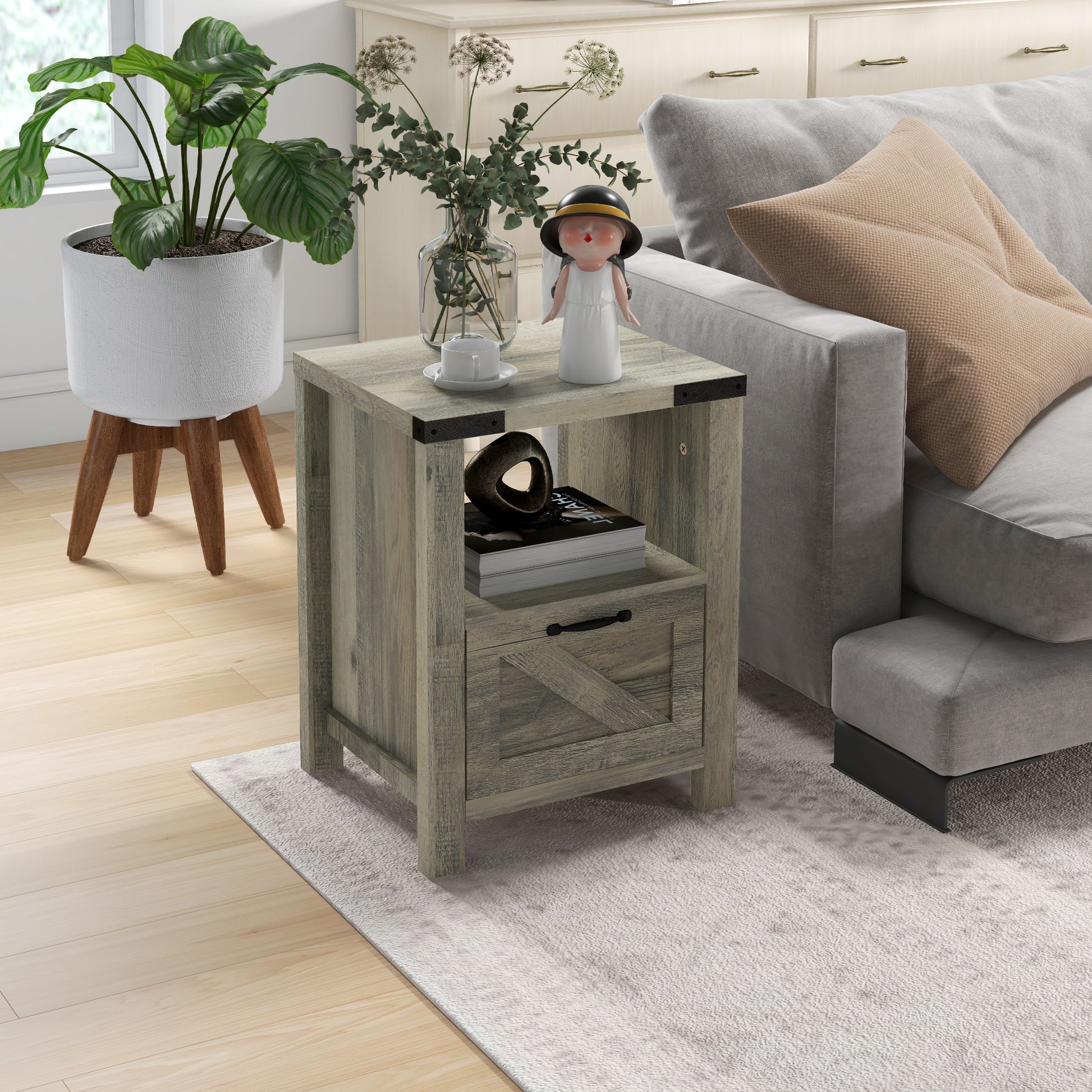 Side Table with Storage, Farmhouse End Table with Drawer, Open Shelf and Barn-style Panel, Accent Table for Living Room, Bedroom, Grey Side Tables   at Gallery Canada