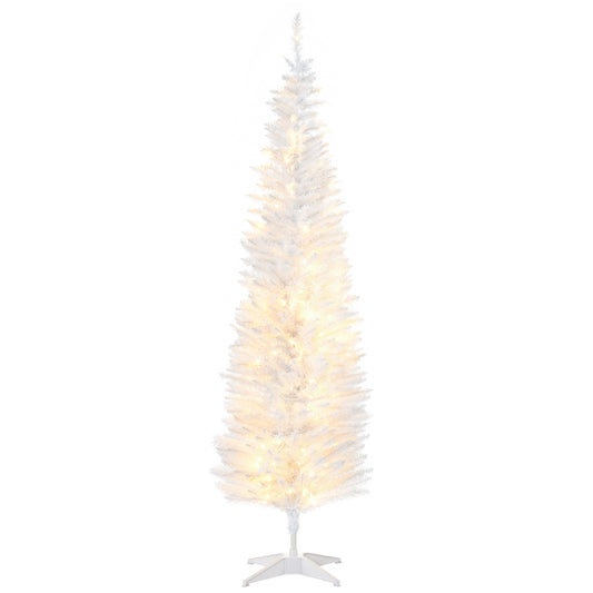 6' Pre Lit Artificial Pencil Christmas Trees, Xmas Tree with Realistic Branches and Warm White LED Lights, White - Gallery Canada