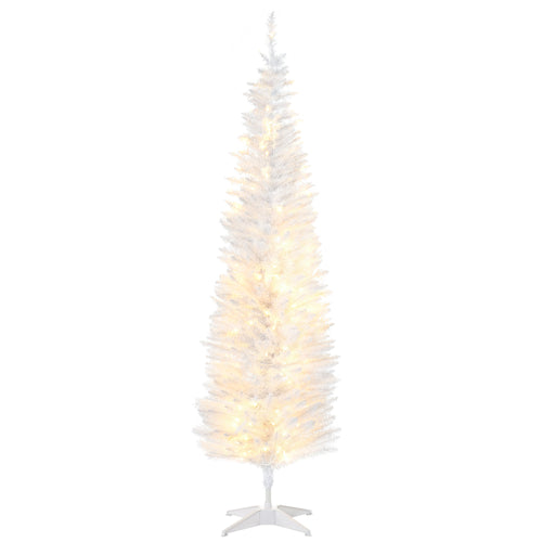 6' Pre Lit Artificial Pencil Christmas Trees, Xmas Tree with Realistic Branches and Warm White LED Lights, White