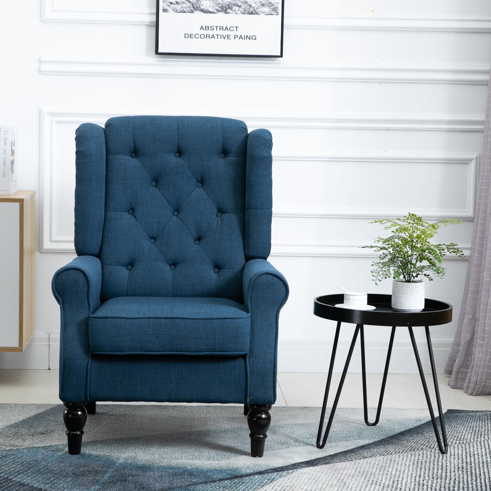 Fabric Accent Chair, Button Tufted Armchair, Modern Living Room Chair, Wingback Chair with Wood Legs, Rolled Arms, Thick Padding for Bedroom, Blue Single Sofas   at Gallery Canada