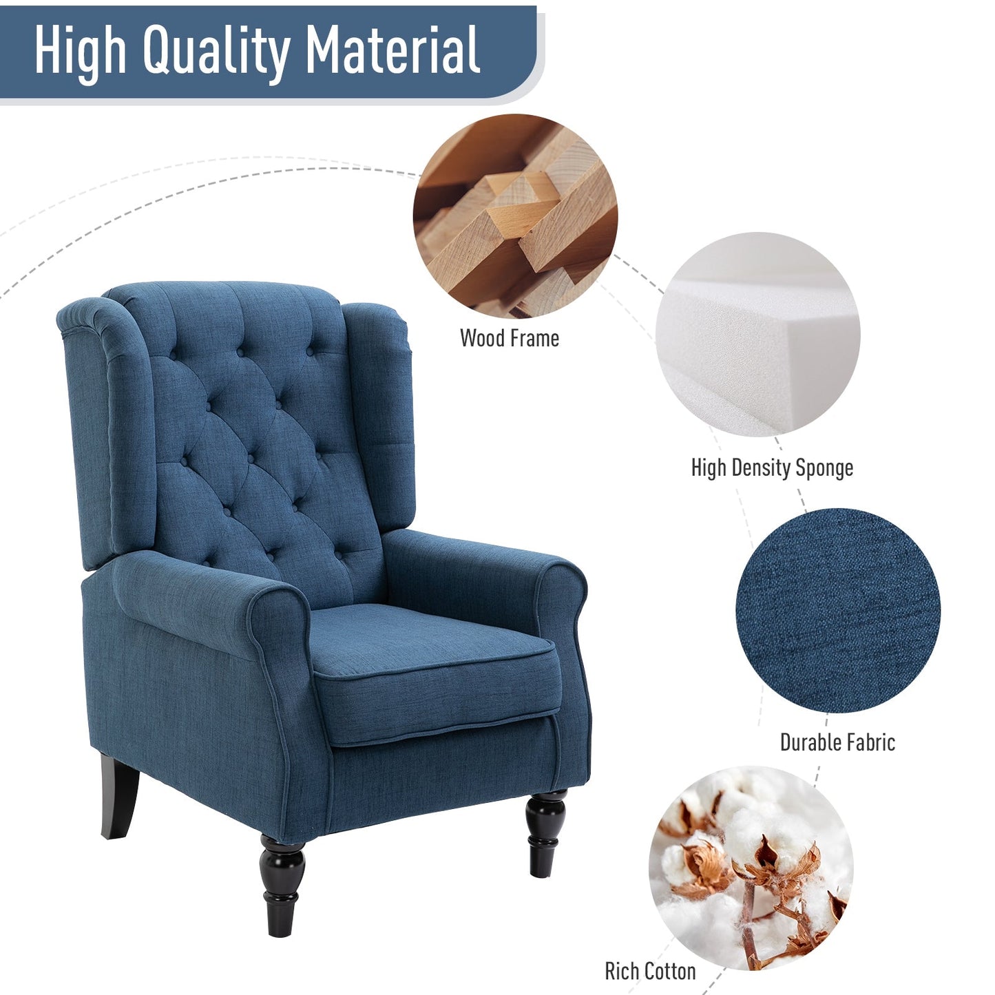 Fabric Accent Chair, Button Tufted Armchair, Modern Living Room Chair, Wingback Chair with Wood Legs, Rolled Arms, Thick Padding for Bedroom, Blue Single Sofas   at Gallery Canada