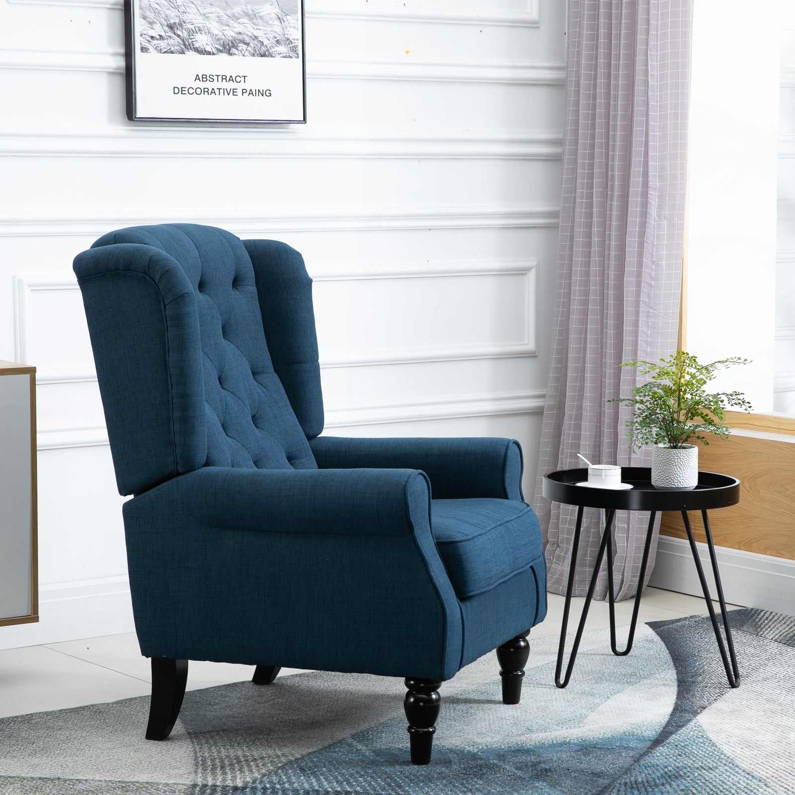 Fabric Accent Chair, Button Tufted Armchair, Modern Living Room Chair, Wingback Chair with Wood Legs, Rolled Arms, Thick Padding for Bedroom, Blue Single Sofas   at Gallery Canada