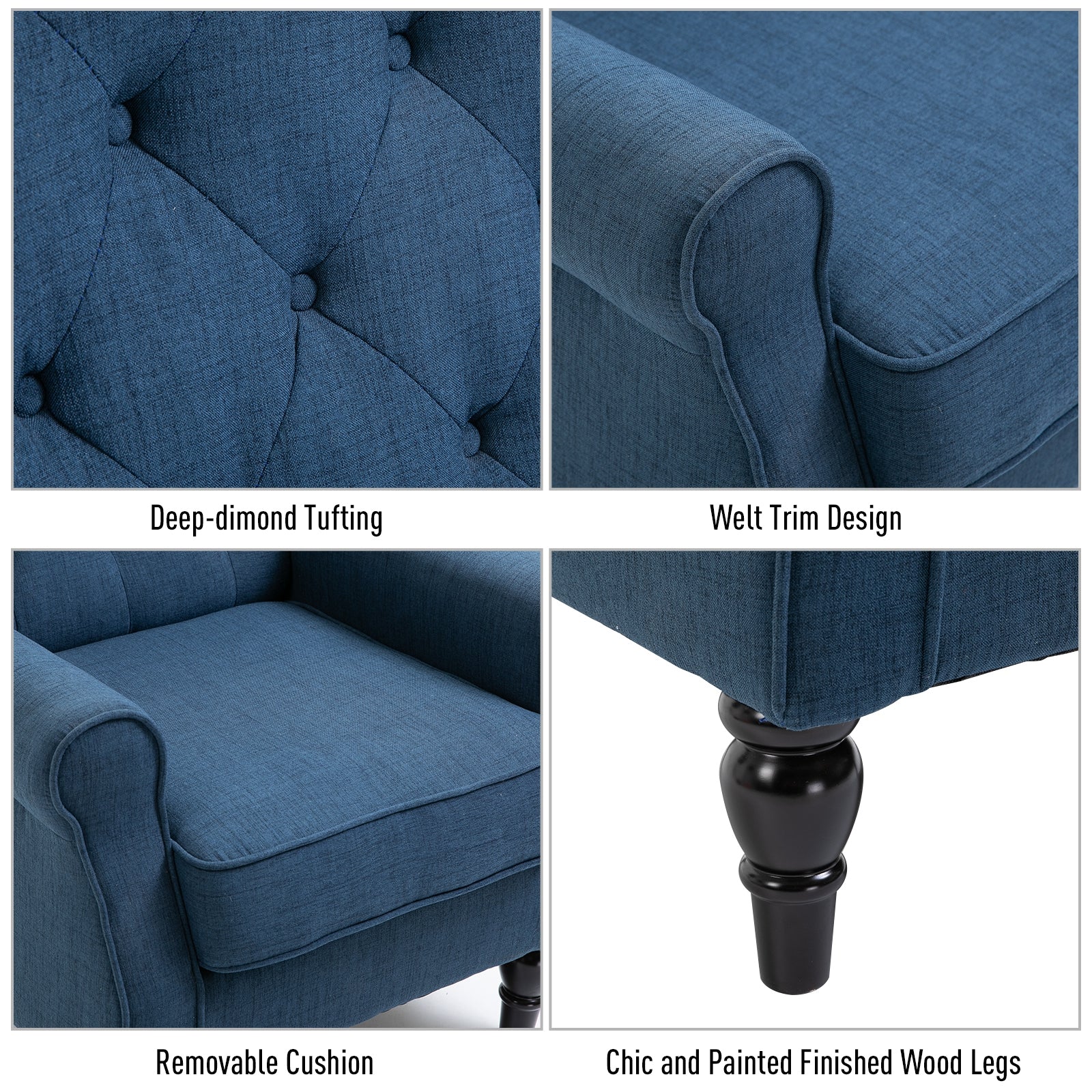 Fabric Accent Chair, Button Tufted Armchair, Modern Living Room Chair, Wingback Chair with Wood Legs, Rolled Arms, Thick Padding for Bedroom, Blue Single Sofas   at Gallery Canada