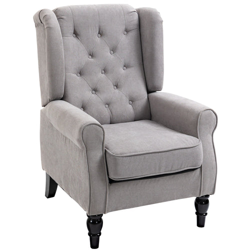 Fabric Accent Chair, Button Tufted Armchair, Modern Living Room Chair, Wingback Chair with Wood Legs, Rolled Arms, Thick Padding for Bedroom, Grey