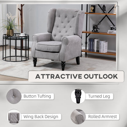 Fabric Accent Chair, Button Tufted Armchair, Modern Living Room Chair, Wingback Chair with Wood Legs, Rolled Arms, Thick Padding for Bedroom, Grey Accent Chairs   at Gallery Canada