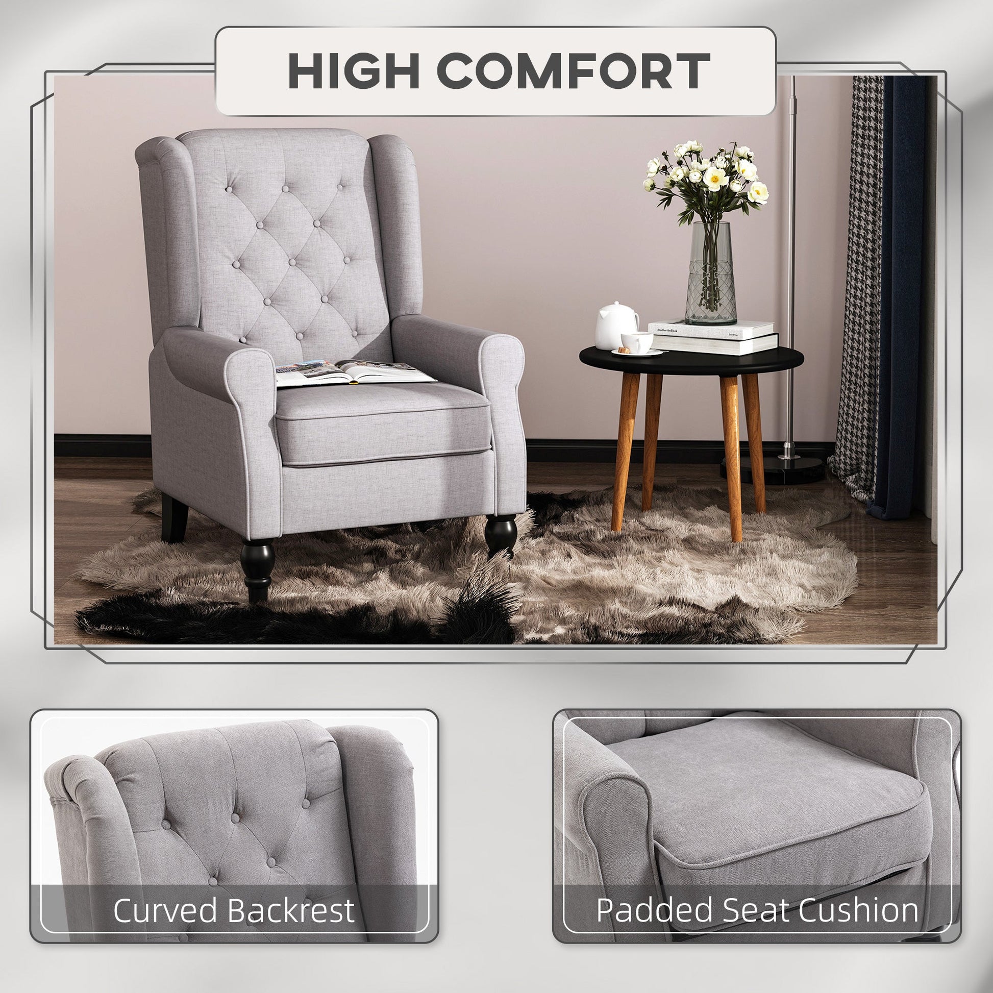 Fabric Accent Chair, Button Tufted Armchair, Modern Living Room Chair, Wingback Chair with Wood Legs, Rolled Arms, Thick Padding for Bedroom, Grey Accent Chairs   at Gallery Canada