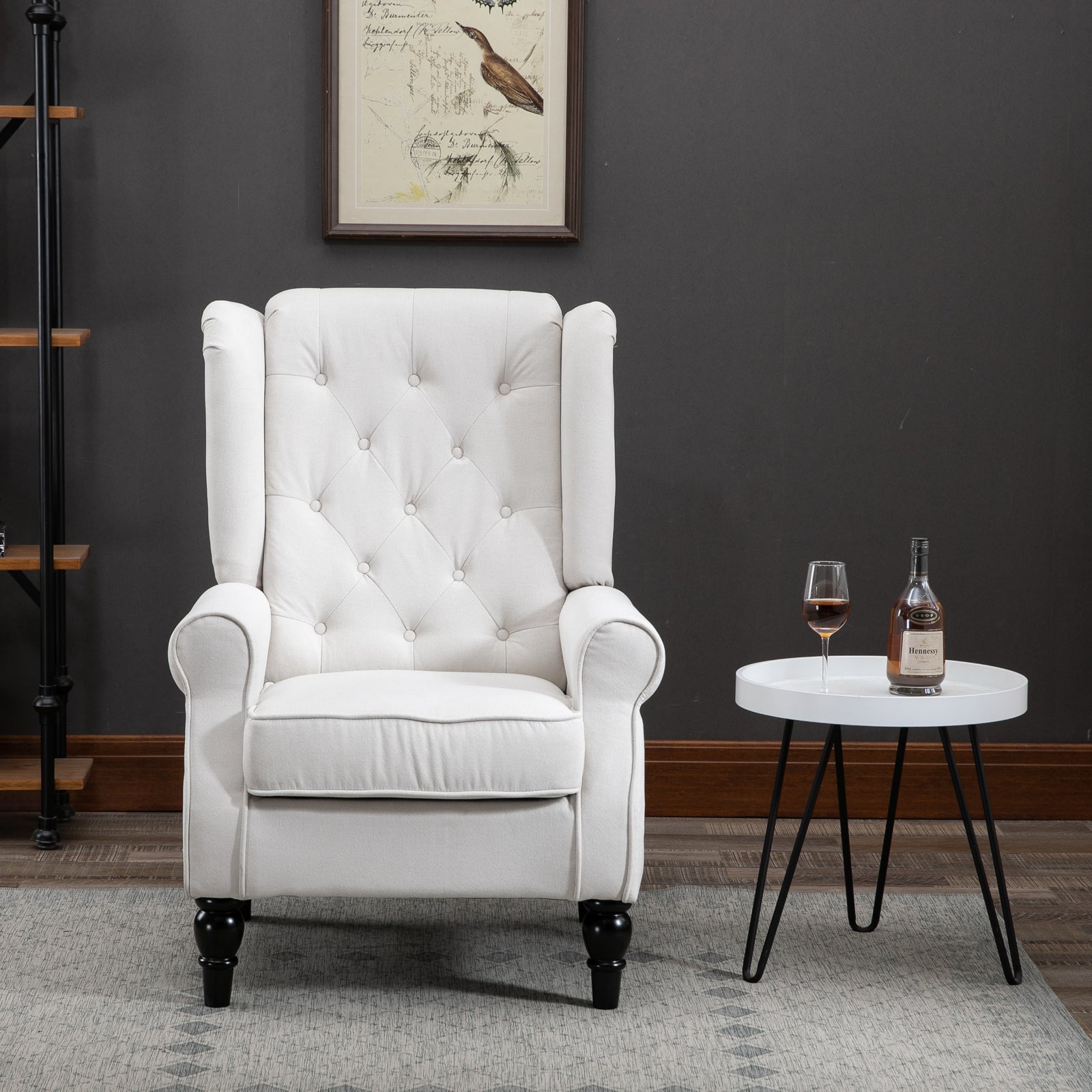 Fabric Accent Chair, Button Tufted Armchair, Modern Living Room Chair, Wingback Chair with Wood Legs, Rolled Arms, Thick Padding for Bedroom, White Accent Chairs   at Gallery Canada