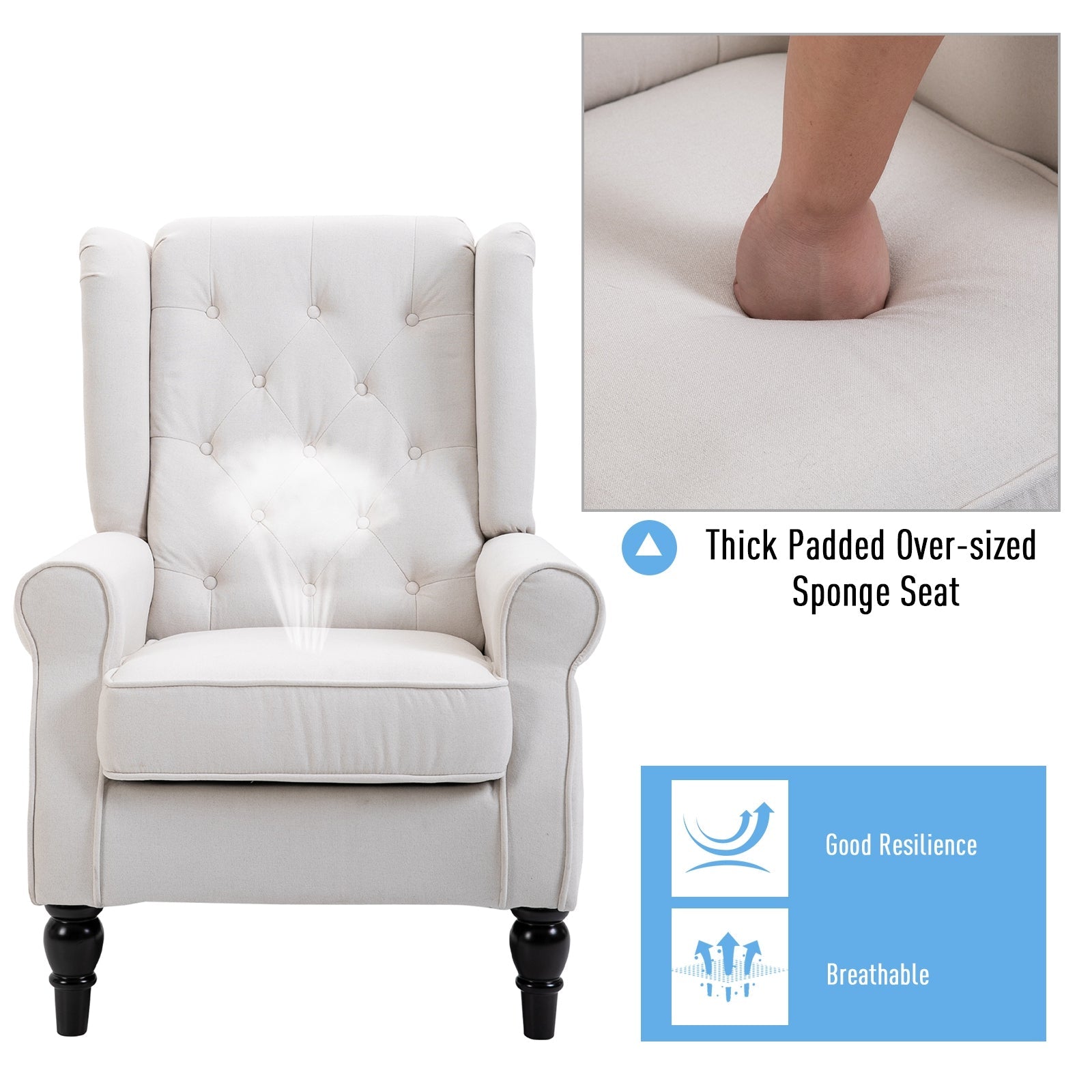 Fabric Accent Chair, Button Tufted Armchair, Modern Living Room Chair, Wingback Chair with Wood Legs, Rolled Arms, Thick Padding for Bedroom, White Accent Chairs   at Gallery Canada