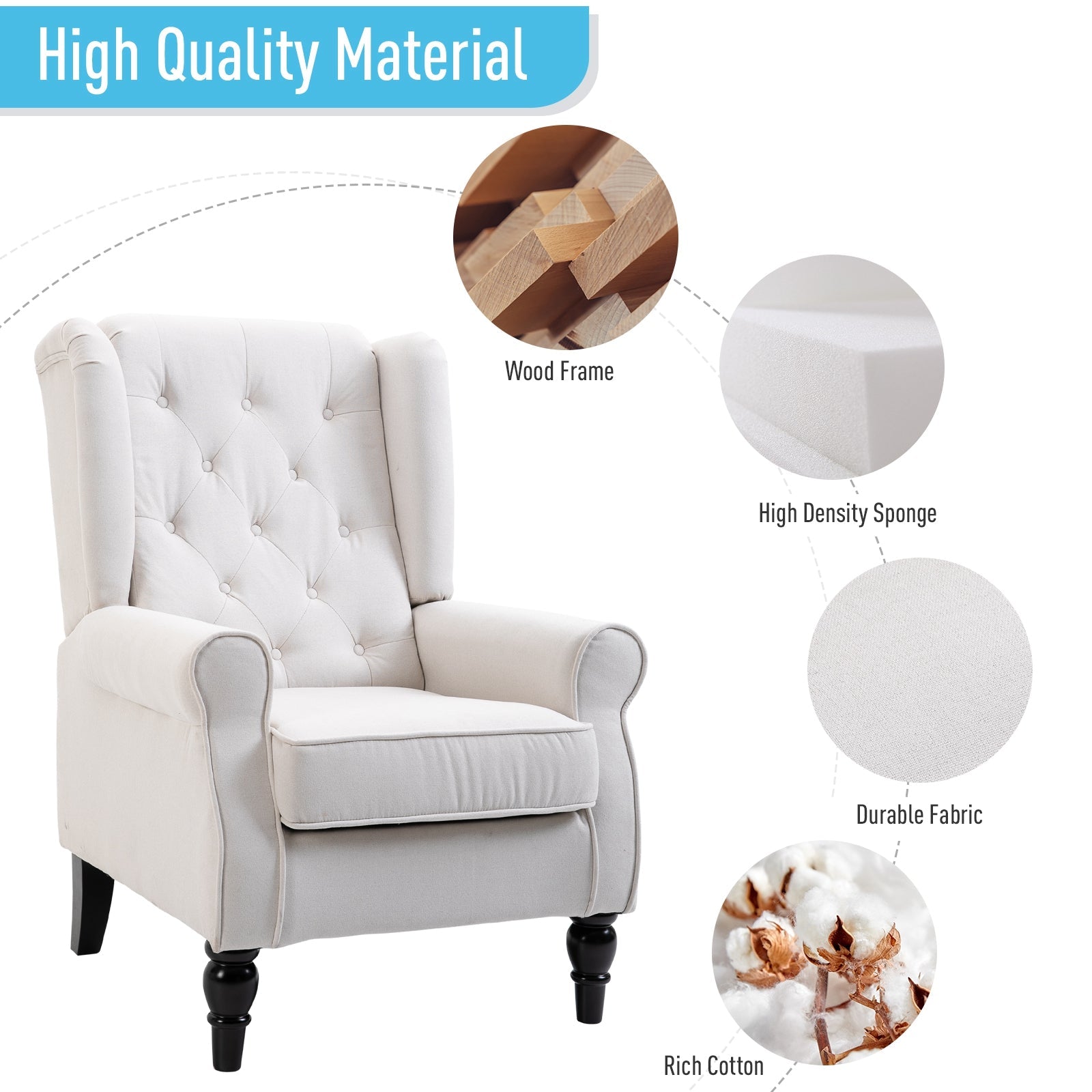 Fabric Accent Chair, Button Tufted Armchair, Modern Living Room Chair, Wingback Chair with Wood Legs, Rolled Arms, Thick Padding for Bedroom, White Accent Chairs   at Gallery Canada