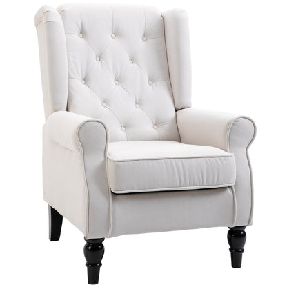 Fabric Accent Chair, Button Tufted Armchair, Modern Living Room Chair, Wingback Chair with Wood Legs, Rolled Arms, Thick Padding for Bedroom, White Accent Chairs Cream  at Gallery Canada