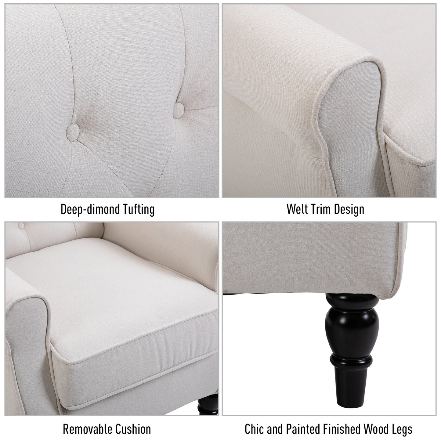 Fabric Accent Chair, Button Tufted Armchair, Modern Living Room Chair, Wingback Chair with Wood Legs, Rolled Arms, Thick Padding for Bedroom, White Accent Chairs   at Gallery Canada