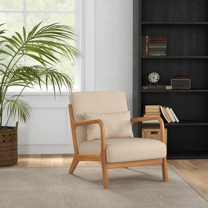 Fabric Lounge Chair, Velvet Armchair, Retro Accent Chair with Wood Legs and Thick Padding for Bedroom, Beige Accent Chairs   at Gallery Canada