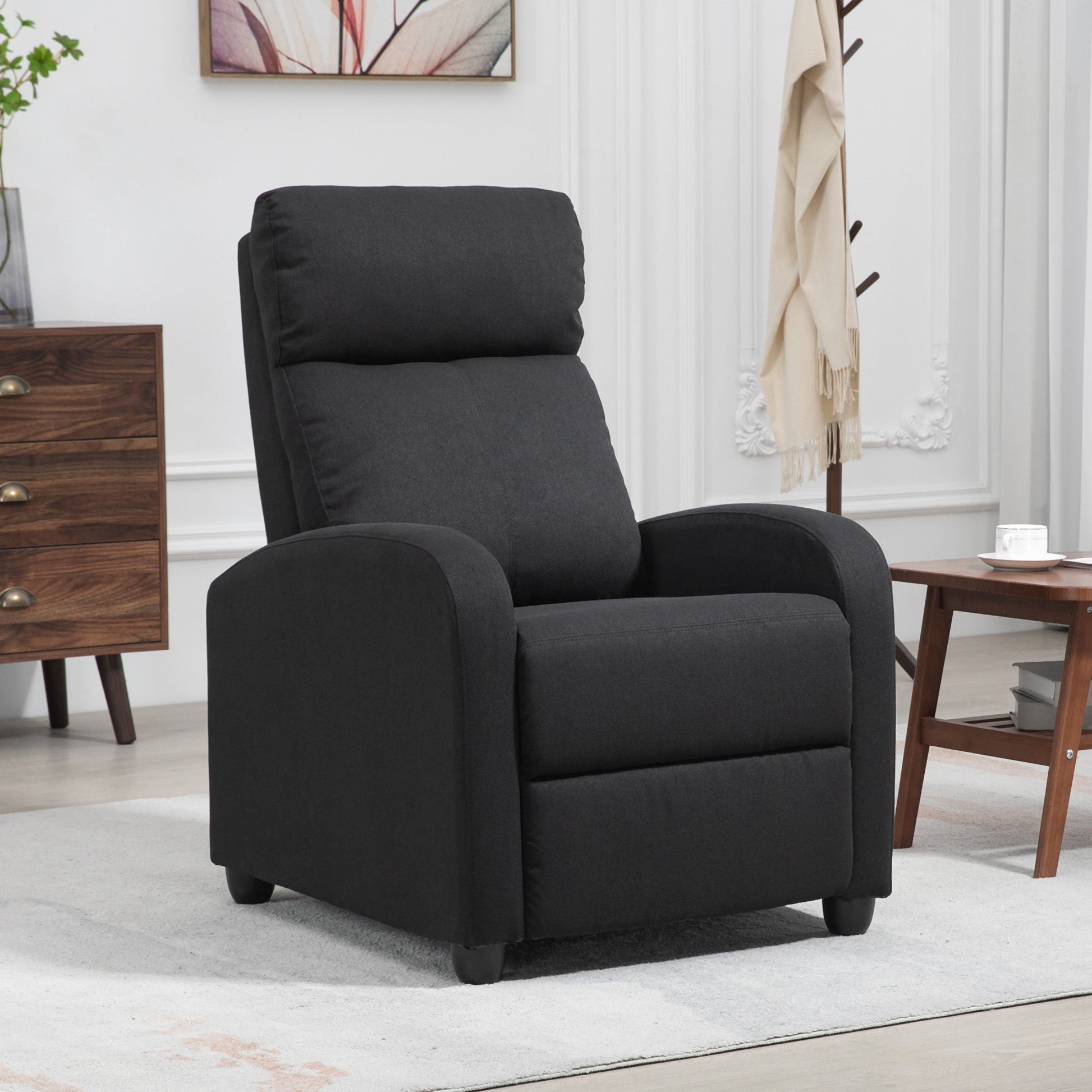 Fabric Recliner Chair, Manual Home Theater Seating, Single Reclining Sofa Chair with Padded Seat for Living Room, Black Single Sofas   at Gallery Canada