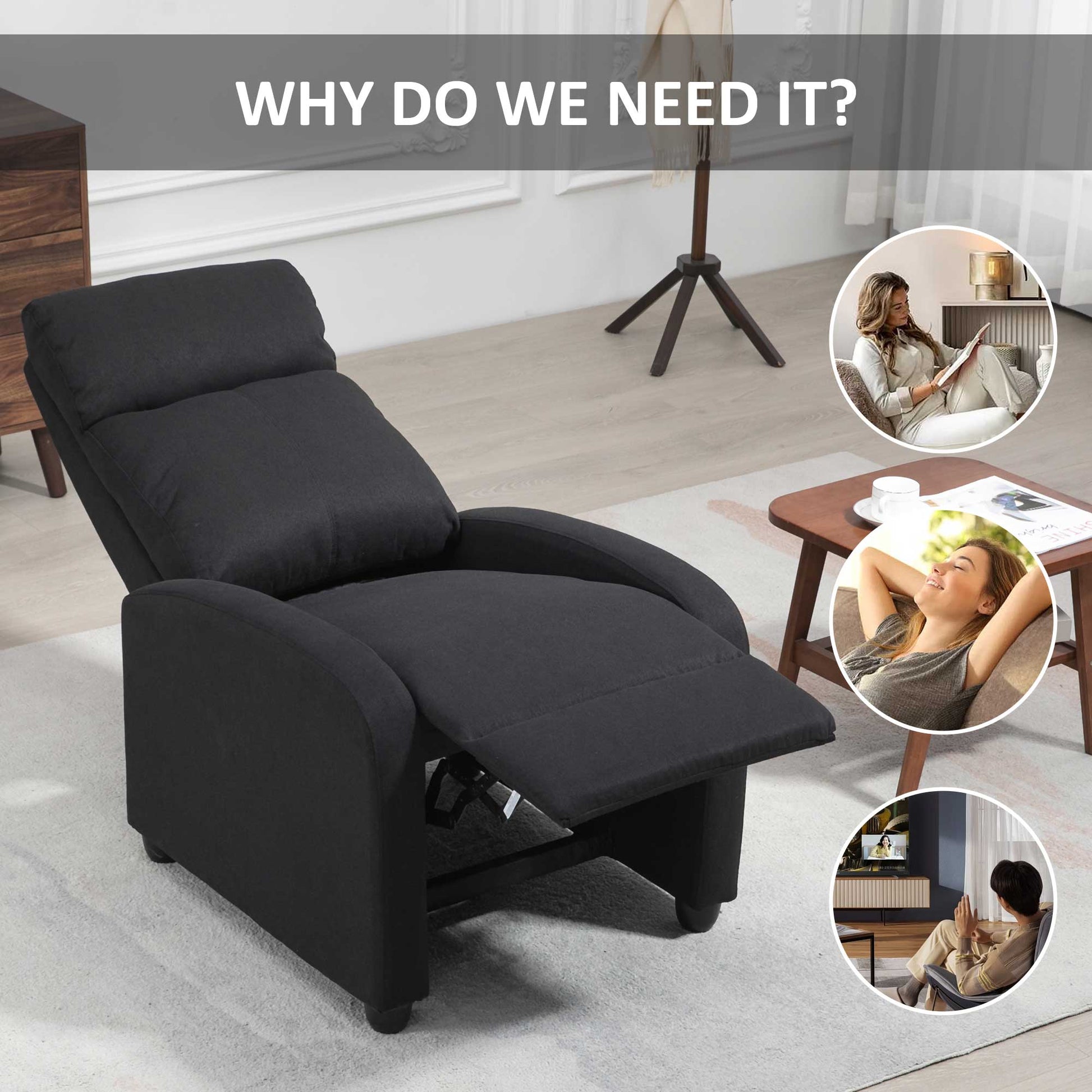 Fabric Recliner Chair, Manual Home Theater Seating, Single Reclining Sofa Chair with Padded Seat for Living Room, Black Single Sofas   at Gallery Canada