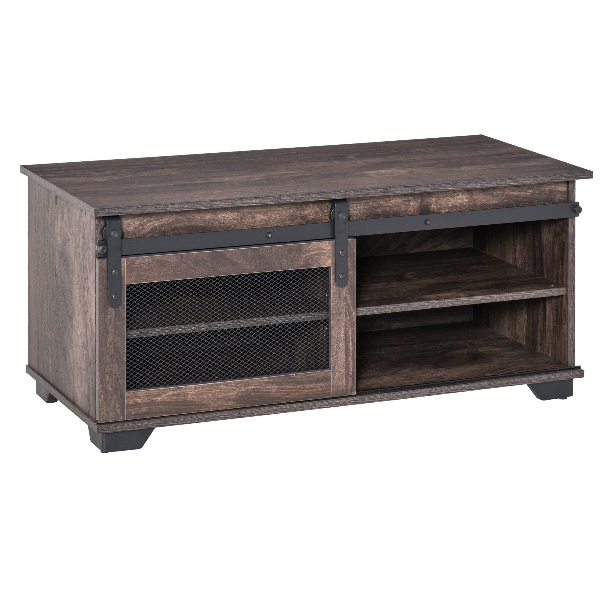 Farmhouse Coffee Table with Sliding Mesh Barn Door, Industrial Center Table with Adjustable Shelf for Living Room, Dark Brown Coffee Tables Dark Brown  at Gallery Canada