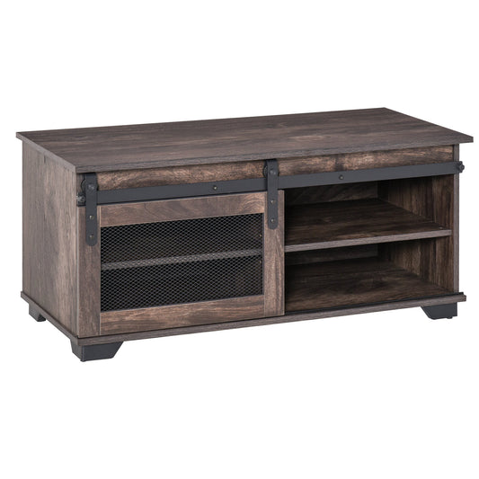 Farmhouse Coffee Table with Sliding Mesh Barn Door, Industrial Center Table with Adjustable Shelf for Living Room, Dark Brown - Gallery Canada
