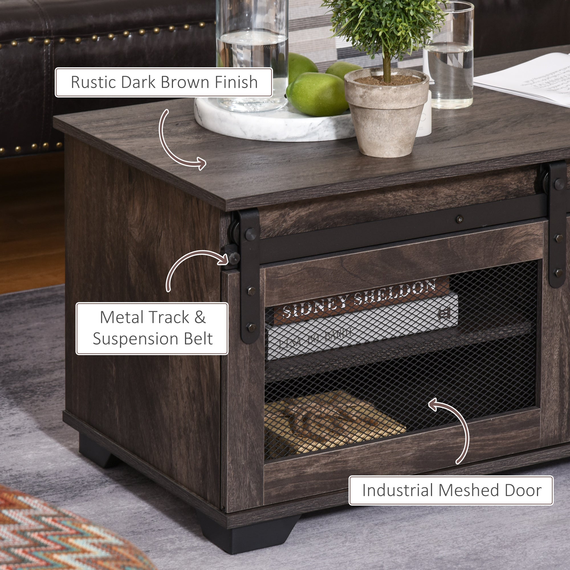 Farmhouse Coffee Table with Sliding Mesh Barn Door, Industrial Center Table with Adjustable Shelf for Living Room, Dark Brown Coffee Tables   at Gallery Canada