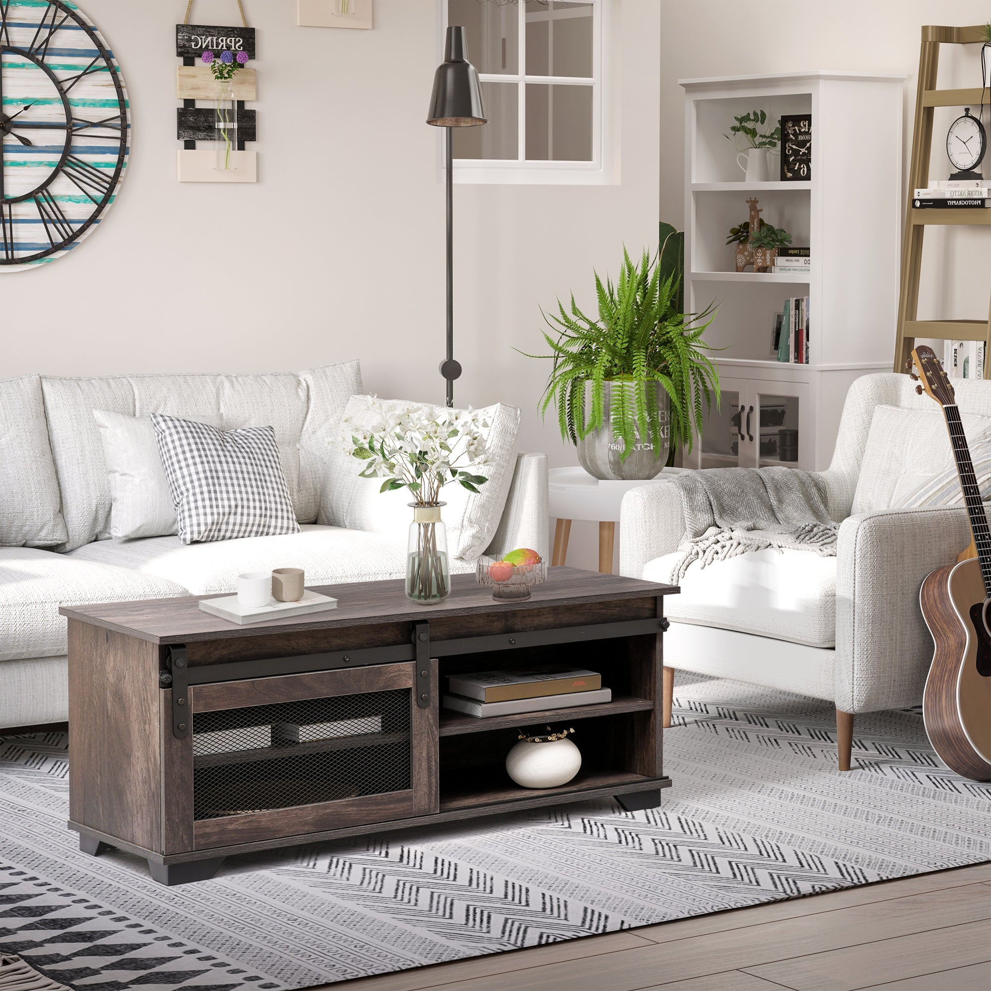 Farmhouse Coffee Table with Sliding Mesh Barn Door, Industrial Center Table with Adjustable Shelf for Living Room, Dark Brown Coffee Tables   at Gallery Canada