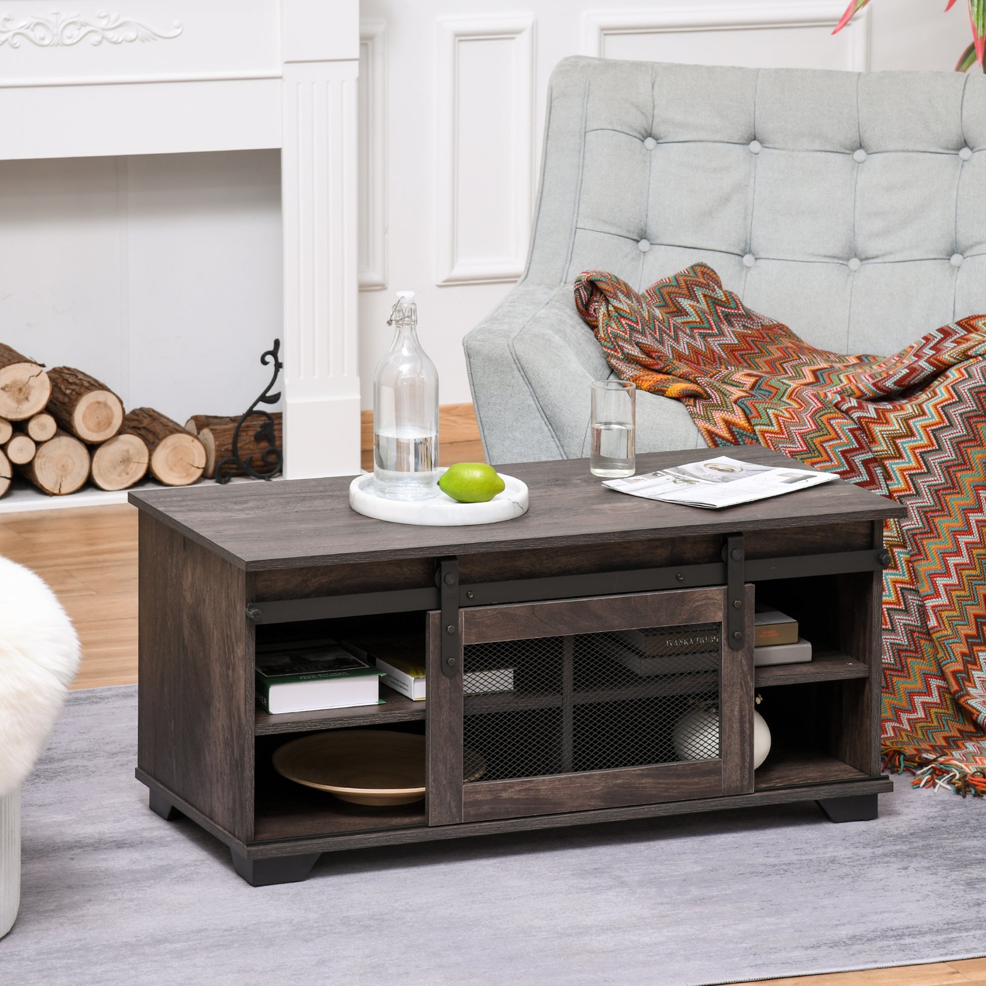 Farmhouse Coffee Table with Sliding Mesh Barn Door, Industrial Center Table with Adjustable Shelf for Living Room, Dark Brown Coffee Tables   at Gallery Canada