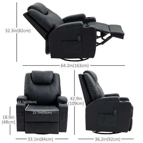 Massage Recliner Chair with Vibration, 360° Swivel, Dual Cup Holders, Black