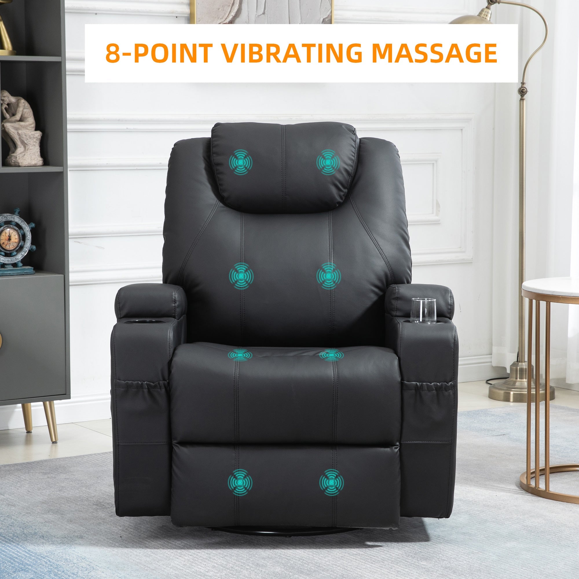 Massage Recliner Chair with Vibration, 360° Swivel, Dual Cup Holders, Black Single Sofas   at Gallery Canada