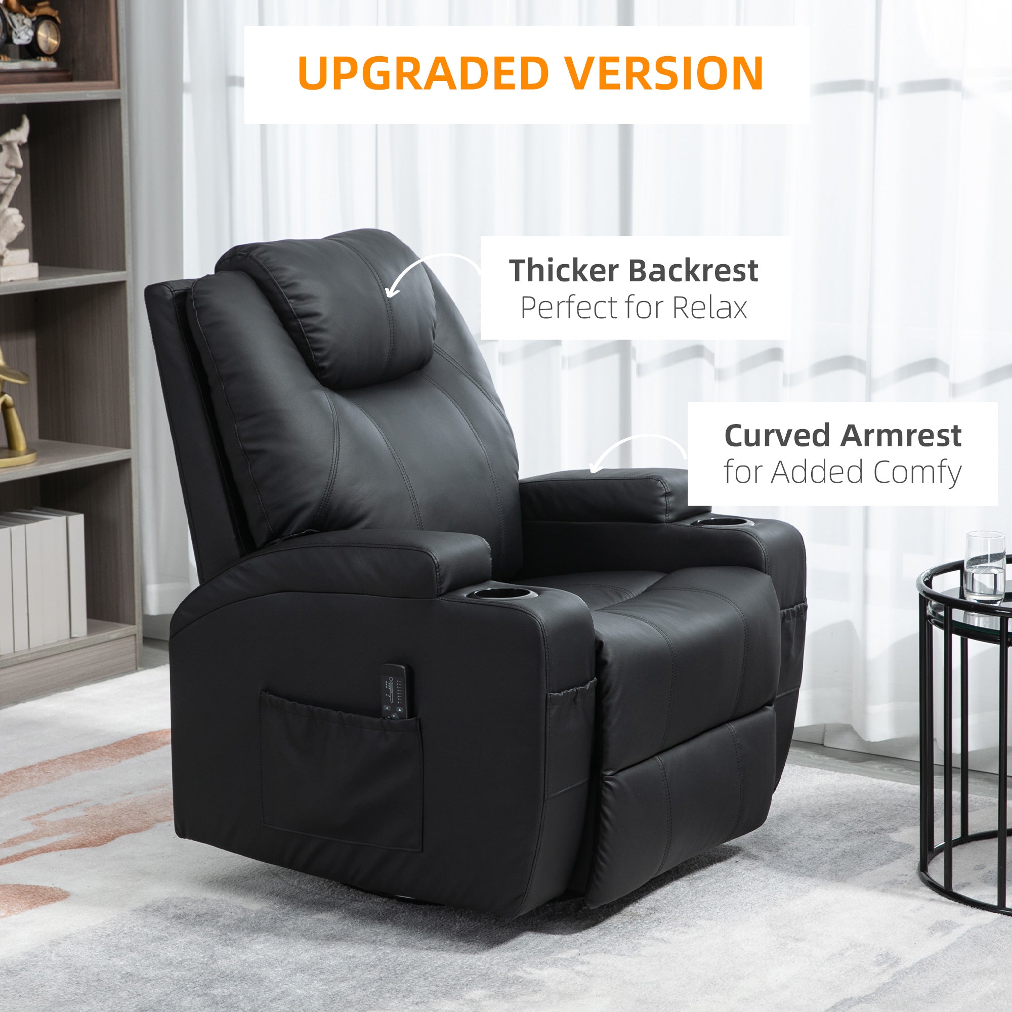 Massage Recliner Chair with Vibration, 360° Swivel, Dual Cup Holders, Black Single Sofas   at Gallery Canada